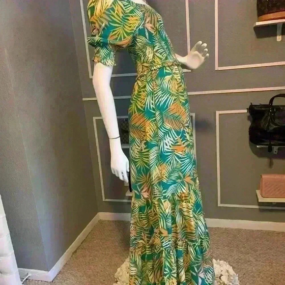 Betsey Johnson Palm Leaf Printed Maxi Dress Square Neck Puffed Sleeves Size S D8 - Picture 5 of 10